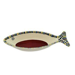 M Bagwell Caffco Fish Dish Platter Hand Painted Serving Bowl Red Stripes 13X5"